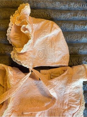 Catherine Malandrino Pale Pink Quilted Dress with Lace Bonnet